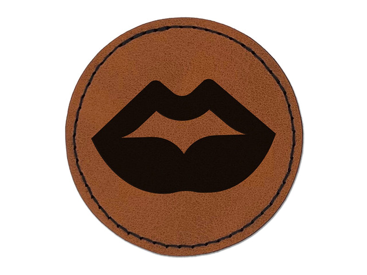 Luscious Plump Lips Round Iron-On Engraved Faux Leather Patch Applique - 2.5"